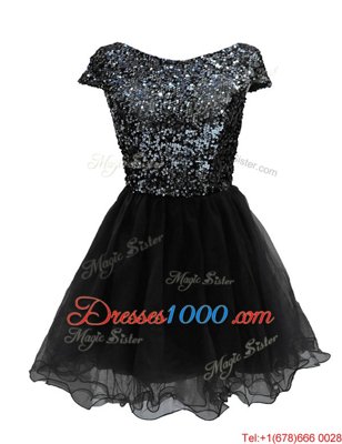 Black Evening Party Dresses Prom and Party and For with Sequins Bateau Cap Sleeves Zipper
