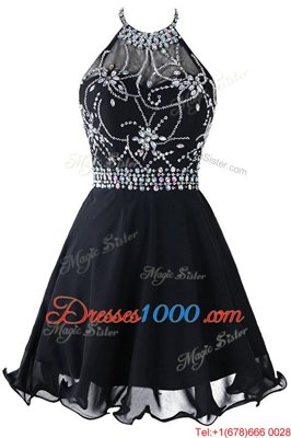 Glittering Black Empire Organza Scoop Sleeveless Beading and Belt Mini Length Zipper Party Dresses