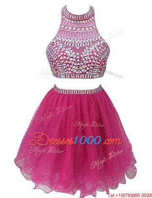 High-neck Sleeveless Zipper Womens Party Dresses Fuchsia Chiffon