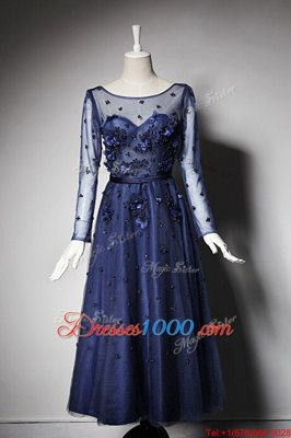 Scoop Tea Length Zipper Prom Party Dress Navy Blue and In for Prom with Beading and Hand Made Flower