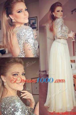 Scoop Floor Length Champagne Dress for Prom Organza and Sequined Long Sleeves Sequins