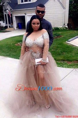 Trendy Scoop Long Sleeves Prom Dresses Sweep Train Beading Grey Tulle