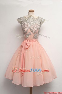 Scalloped Appliques Party Dress Peach Zipper Cap Sleeves Knee Length