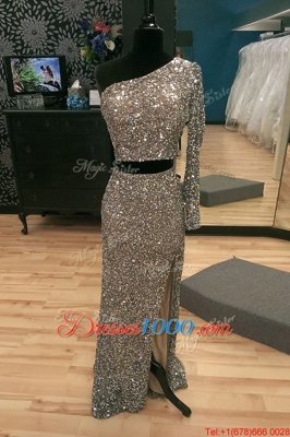 Silver A-line One Shoulder Long Sleeves Sequined With Train Sweep Train Zipper Beading Evening Wear