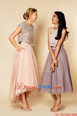 Organza Scoop Sleeveless Zipper Sequins Evening Dress in Pink