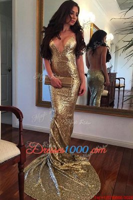 Perfect Mermaid V-neck Sleeveless Prom Evening Gown With Train Sweep Train Sequins Gold Sequined