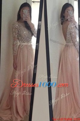 Super Brush Train Column/Sheath Evening Wear Peach Scoop Chiffon 3|4 Length Sleeve With Train Backless