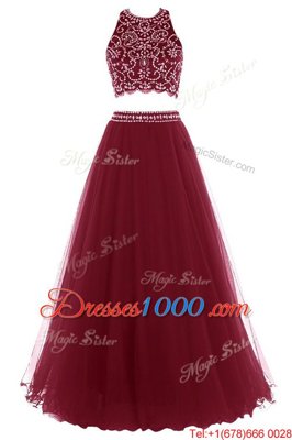 Elegant Halter Top Burgundy Sleeveless Tulle Zipper Evening Outfits for Prom and Party