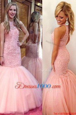 Mermaid Pink Scoop Neckline Lace Juniors Evening Dress Sleeveless Backless