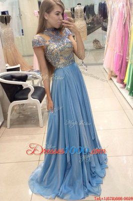 Classical Scoop Blue Zipper Prom Evening Gown Beading Cap Sleeves With Train Sweep Train