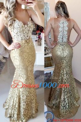 Traditional Mermaid Lace Gold Prom Party Dress Spaghetti Straps Sleeveless Brush Train Zipper