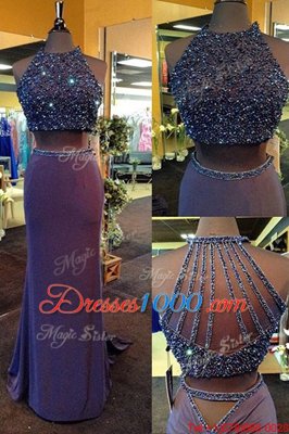 Stunning Scoop Sleeveless Formal Dresses Floor Length Beading Purple Elastic Woven Satin