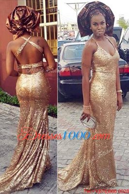 Halter Top Gold Sleeveless With Train Sequins Criss Cross Womens Evening Dresses