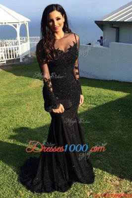 Black Mermaid Scoop Long Sleeves Tulle Sweep Train Zipper Beading and Lace Evening Gowns