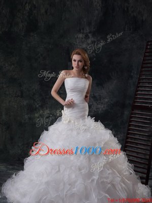 Beauteous Sleeveless Tulle Floor Length Lace Up Bridal Gown in White for with Beading and Appliques and Hand Made Flower