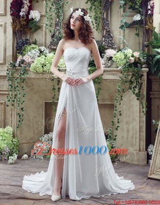 Sleeveless Brush Train Beading and Ruching Lace Up Wedding Gown