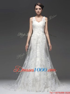 Cheap Sleeveless Brush Train Lace and Appliques Zipper Wedding Gowns