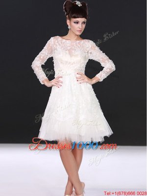 White Lace Zipper Bateau Long Sleeves Knee Length Wedding Gown Lace