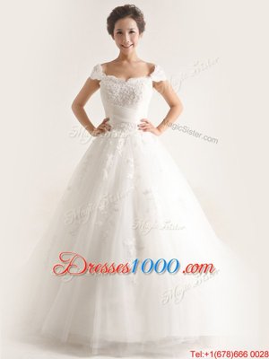 Sweetheart Cap Sleeves Wedding Dresses With Brush Train Lace and Appliques White Tulle