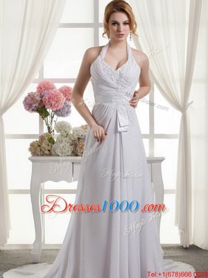 Elegant White A-line V-neck Sleeveless Organza With Train Court Train Lace Up Beading and Appliques and Ruffles and Pick Ups Wedding Dress