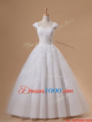 Pretty Cap Sleeves Tulle Floor Length Lace Up Wedding Dresses in White for with Lace and Appliques and Sequins