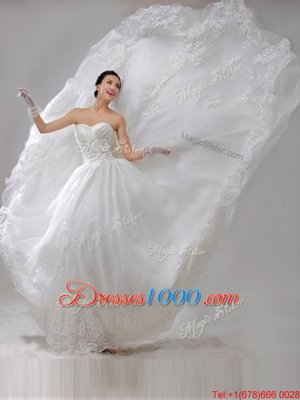 Charming Sleeveless Brush Train Beading and Lace and Appliques and Ruching Lace Up Wedding Gowns
