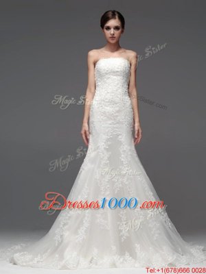 Dramatic White Lace Up Wedding Dress Lace Sleeveless With Brush Train
