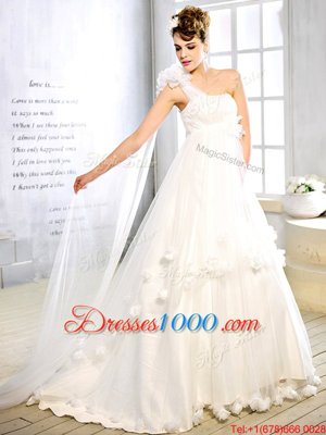 One Shoulder Sleeveless Tulle Wedding Gown Sashes|ribbons and Hand Made Flower Brush Train Lace Up