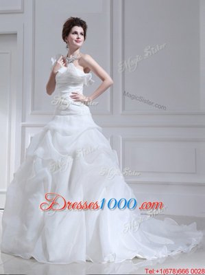 White Lace Up One Shoulder Ruffles and Ruching and Pick Ups Wedding Dress Organza and Tulle Sleeveless Brush Train