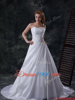 Customized White Lace Up Wedding Gowns Ruching Sleeveless Brush Train