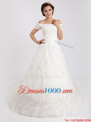 Comfortable White A-line Off The Shoulder Short Sleeves Lace With Train Court Train Lace Up Lace Wedding Gown