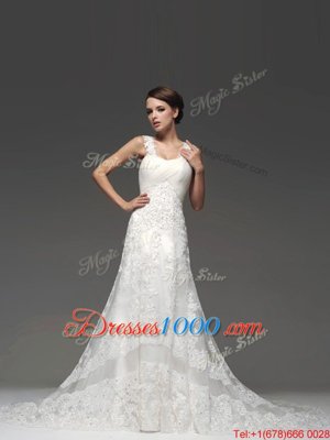 Dramatic Lace Up Wedding Gowns White and In for Wedding Party with Lace and Appliques Brush Train