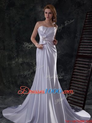 Stunning Silver Bridal Gown Wedding Party and For with Beading and Ruching and Bowknot Strapless Sleeveless Brush Train Lace Up