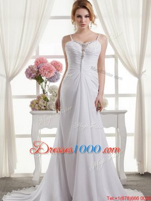 High Class Spaghetti Straps Sleeveless Wedding Gown Brush Train Beading and Ruching White Chiffon