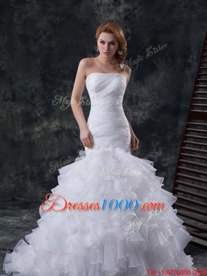 Fancy White Lace Up Wedding Gown Lace and Appliques Cap Sleeves With Train Chapel Train