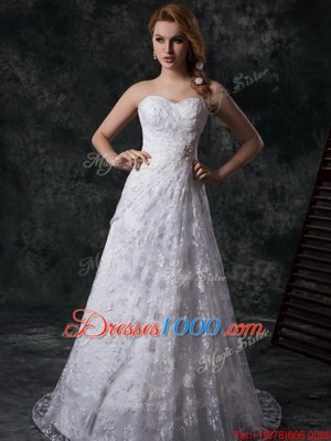 Mermaid Floor Length White Wedding Dresses Sweetheart Sleeveless Brush Train Zipper
