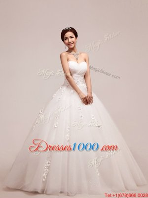 Affordable Tulle Sleeveless Floor Length Bridal Gown and Appliques and Ruching and Hand Made Flower