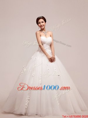 Affordable Tulle Sleeveless Floor Length Bridal Gown and Appliques and Ruching and Hand Made Flower