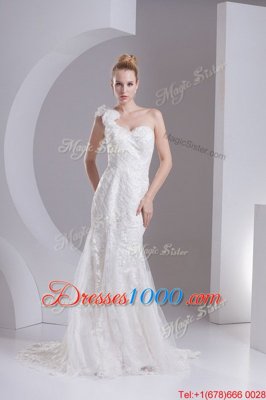 Fitting Strapless Sleeveless Court Train Lace Up Bridal Gown White Lace