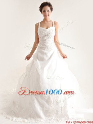 Captivating Lace Sleeveless With Train Wedding Dresses Brush Train and Lace and Appliques and Hand Made Flower