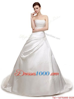 White Sleeveless Court Train Ruching With Train Wedding Gowns