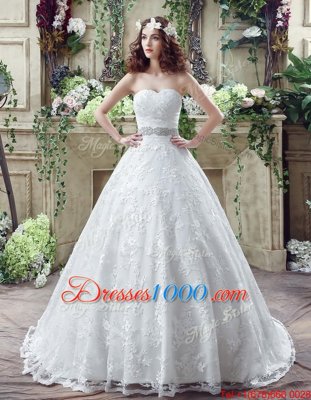 Nice White Sweetheart Lace Up Beading and Appliques Wedding Gowns Brush Train Sleeveless