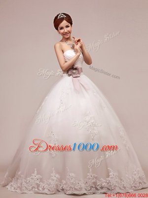 Ideal Sequins Floor Length Lace Up Wedding Gown White and In for Wedding Party with Lace and Appliques and Ruching and Belt