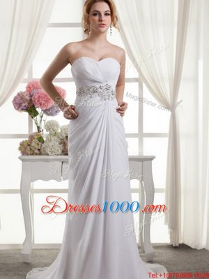 Cap Sleeves Tulle With Train Chapel Train Backless Bridal Gown in White for with Beading and Ruffles