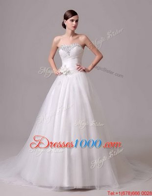 Sweet With Train Lace Up Bridal Gown White and In for Wedding Party with Beading and Hand Made Flower Brush Train