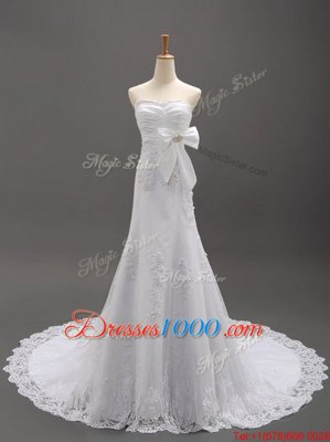 Dramatic Sleeveless Brush Train Lace Up With Train Beading and Lace and Appliques and Bowknot Bridal Gown