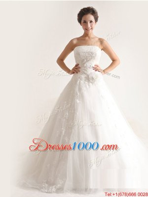 Luxurious Sleeveless Tulle With Train Court Train Lace Up Bridal Gown in White for with Appliques