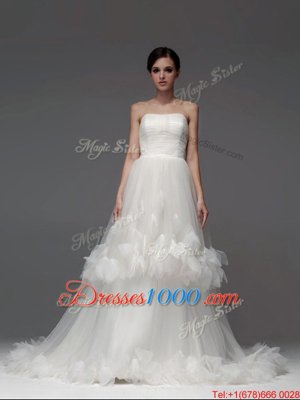 Beading and Pick Ups Wedding Gowns White Lace Up Sleeveless With Train Chapel Train