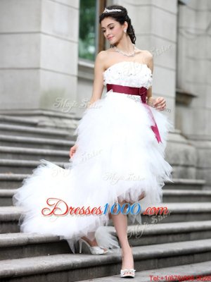 Organza Sleeveless High Low Wedding Gowns and Ruffles and Belt and Hand Made Flower