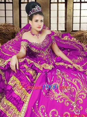 Spectacular Purple Ball Gowns Off The Shoulder Sleeveless Satin Floor Length Lace Up Embroidery Quinceanera Dresses